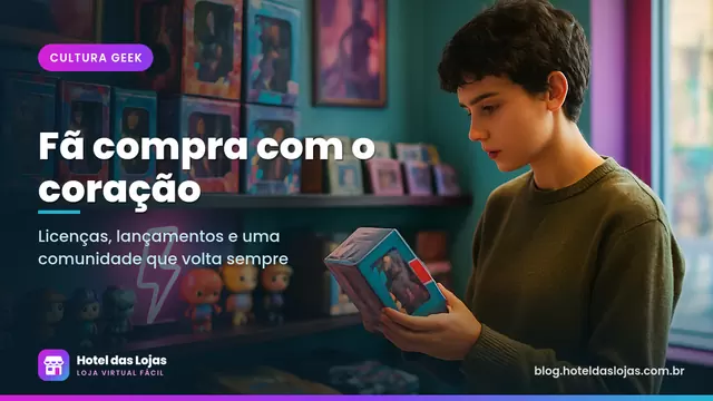 Prateleiras com bonecos colecionáveis em caixas, camisetas dobradas, cartuchos retrô e luminária neon em loja geek