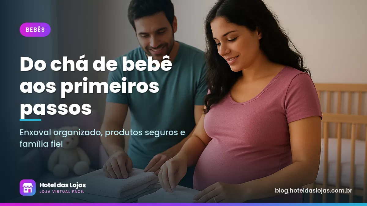 Casal à espera do bebê dobrando roupinhas e mantas em quarto de bebê em tons pastel com berço