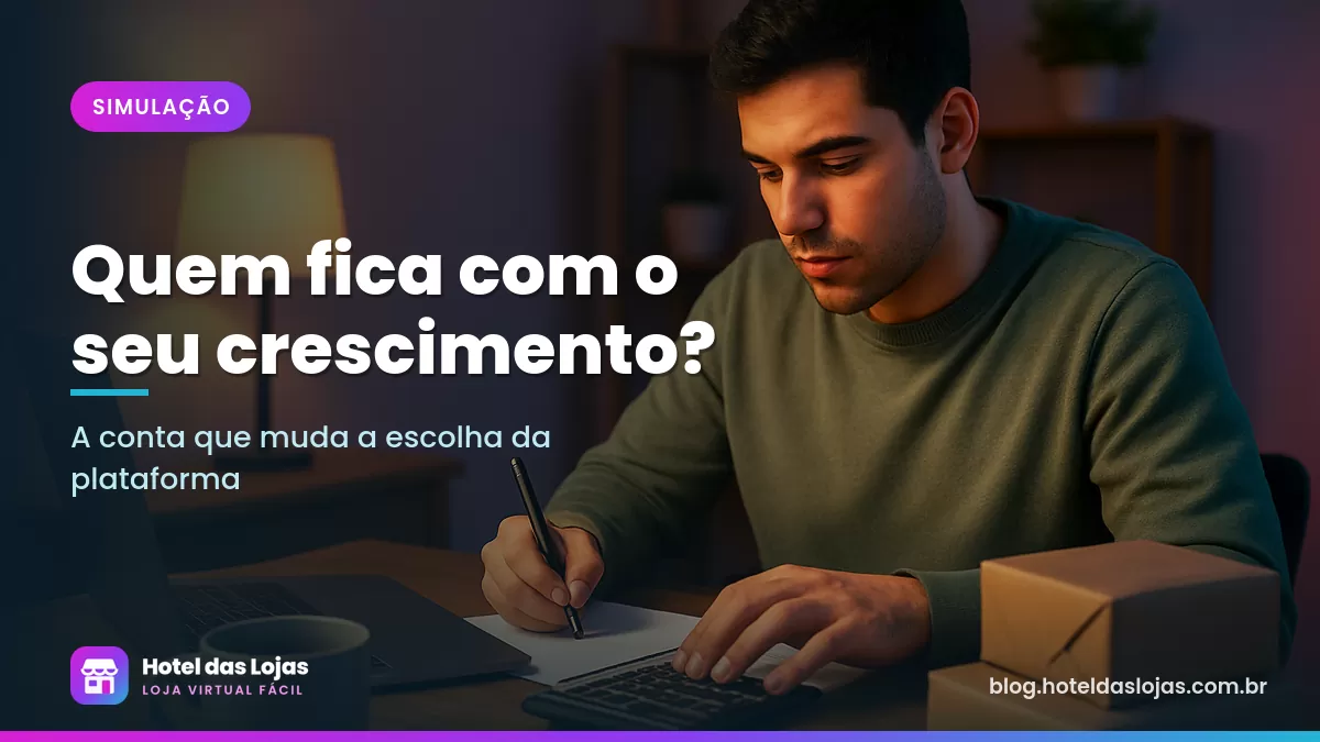 Lojista fazendo contas com calculadora e caderno para comparar mensalidade fixa e comissão da loja virtual