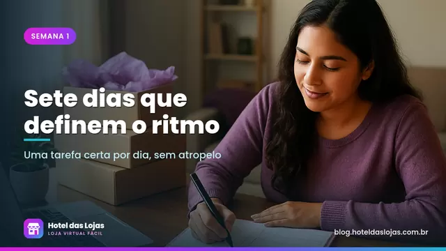 Lojista organiza a agenda da semana ao lado do notebook e de pedidos já embalados