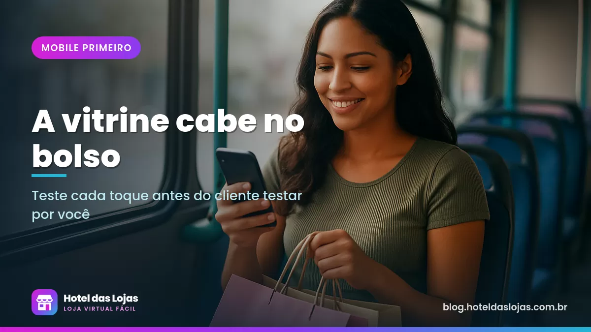 Mulher sentada no ônibus segura o celular com uma das mãos enquanto faz compras pela internet