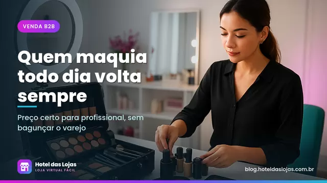 Maquiadora organiza maleta profissional com bases, paletas e pincéis em bancada de estúdio de beleza