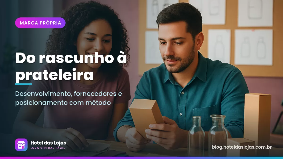 Casal de empreendedores analisando protótipos de produtos, amostras de tecido e embalagens em uma oficina