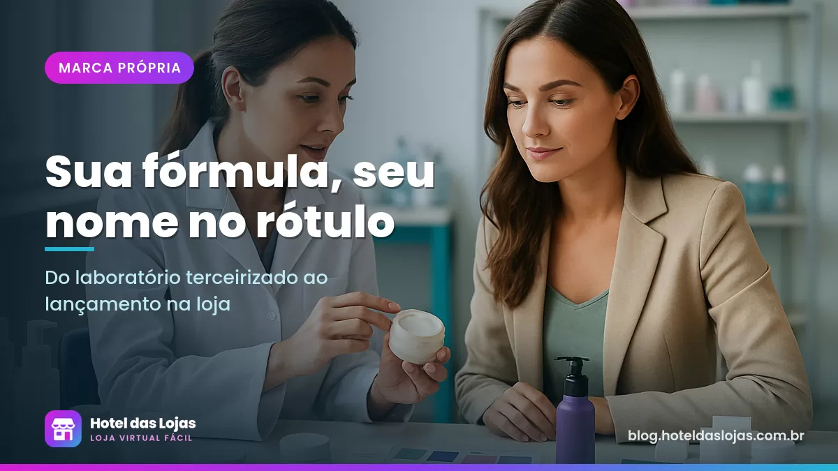 Empreendedora e técnica de laboratório analisam amostras de cremes e protótipos de embalagem em bancada