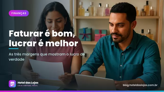 Sócios de uma loja virtual de perfumes analisam relatórios financeiros e números no notebook