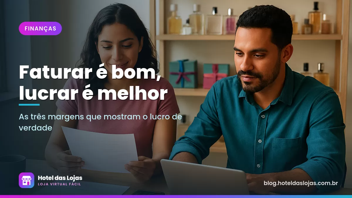 Sócios de uma loja virtual de perfumes analisam relatórios financeiros e números no notebook