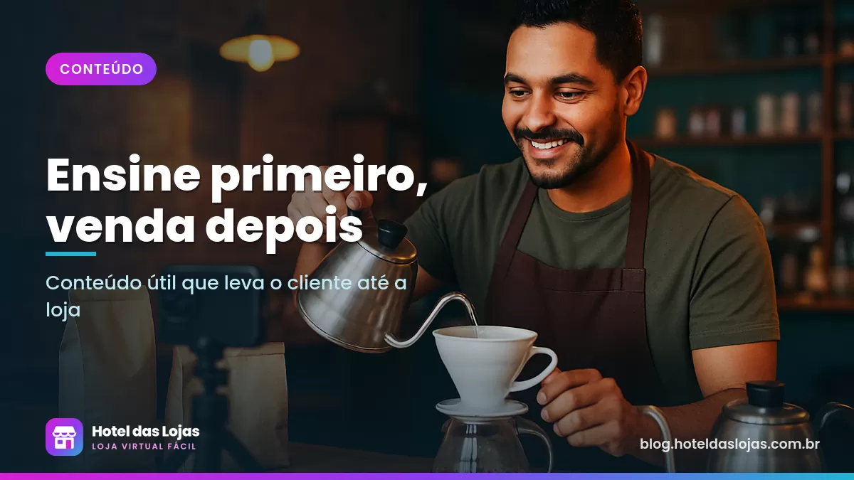 Barista gravando vídeo com o celular enquanto prepara café coado no balcão de madeira