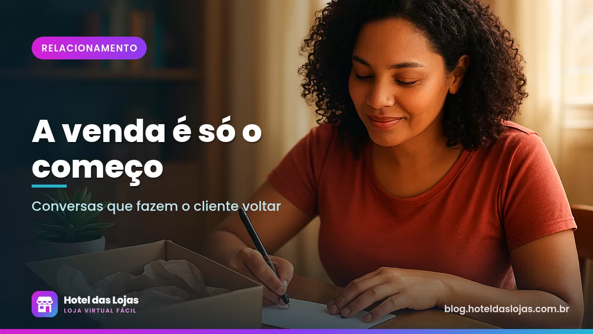 Empreendedora escreve um bilhete de agradecimento à mão para colocar dentro de uma caixa de pedido