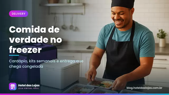 Cozinheira organiza marmitas congeladas lacradas na bancada ao lado de um freezer e de uma bolsa térmica de entrega