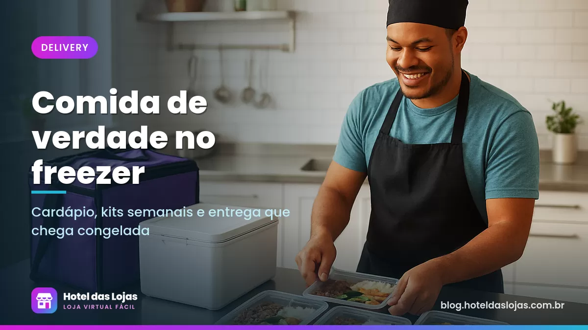 Cozinheira organiza marmitas congeladas lacradas na bancada ao lado de um freezer e de uma bolsa térmica de entrega