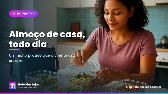 Mulher fechando marmitas de vidro com comida caseira ao lado de uma bolsa térmica sobre a bancada da cozinha