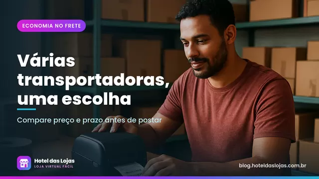 Lojista imprime etiquetas de envio em impressora térmica no estoque com caixas organizadas nas prateleiras