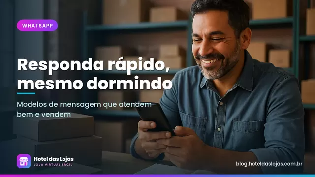 Lojista sorrindo com o celular na mão ao lado de caixas de pedidos prontas para envio