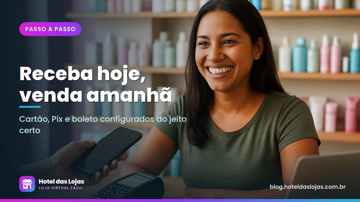 Lojista de cosméticos sorri enquanto cliente finaliza o pagamento pelo celular no balcão da loja