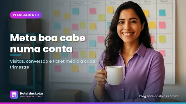 Empreendedora observa calendário de parede dividido em trimestres com notas coloridas no estoque da loja