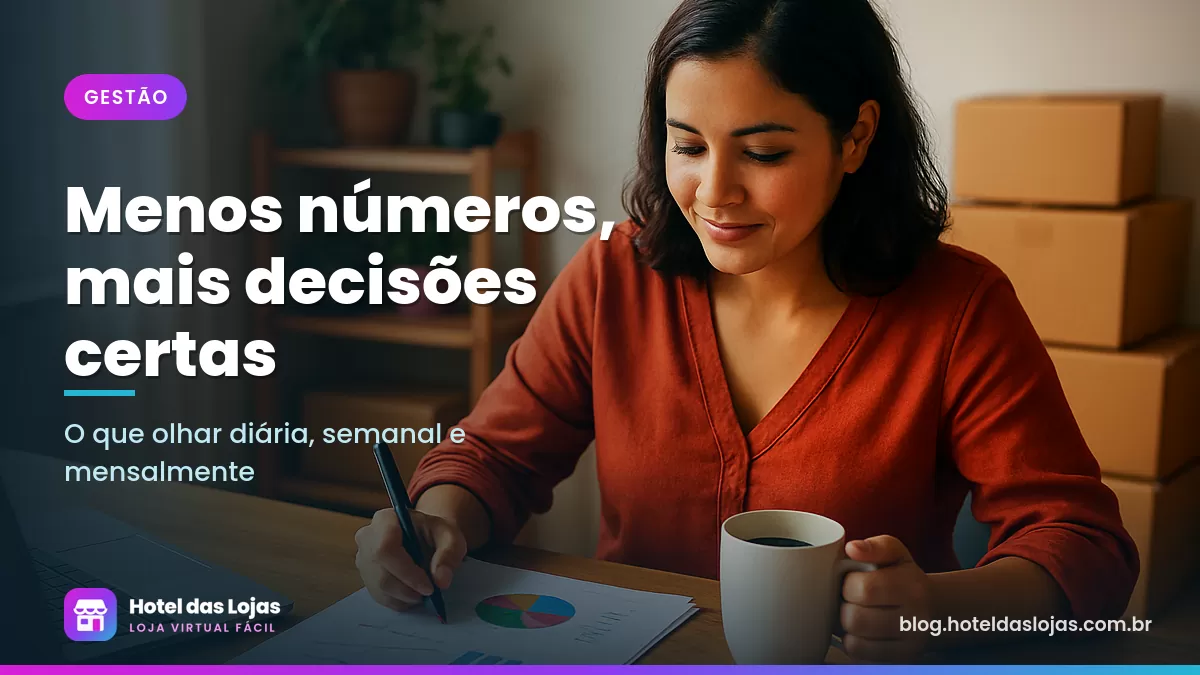 Lojista analisa gráficos impressos em sua mesa de trabalho, com caixas de envio ao fundo