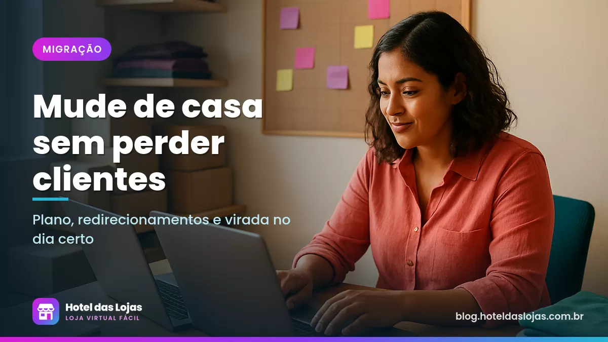 Lojista compara dois notebooks lado a lado em escritório com caixas de envio, planejando a mudança da loja virtual