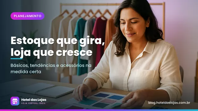 Lojista planejando coleção de moda com amostras de tecido e arara de roupas básicas e coloridas