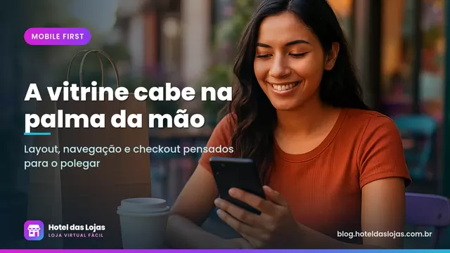 Mulher em um café segurando o celular com uma mão enquanto faz compras em uma loja virtual