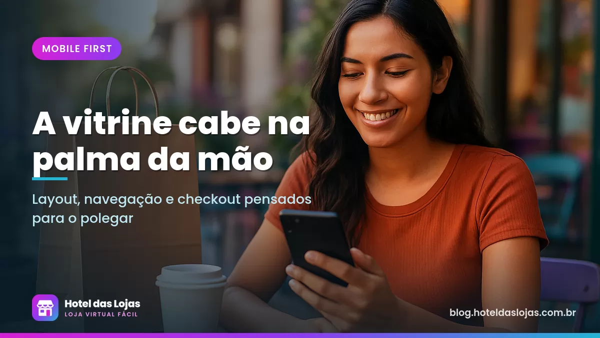 Mulher em um café segurando o celular com uma mão enquanto faz compras em uma loja virtual
