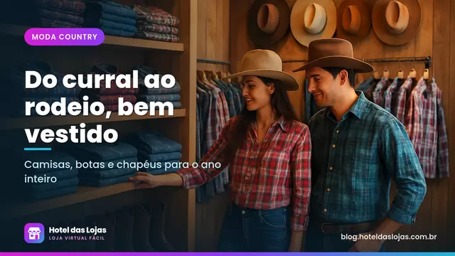 Loja de moda country com camisas xadrez, botas de couro, chapéus na parede e casal jovem escolhendo peças