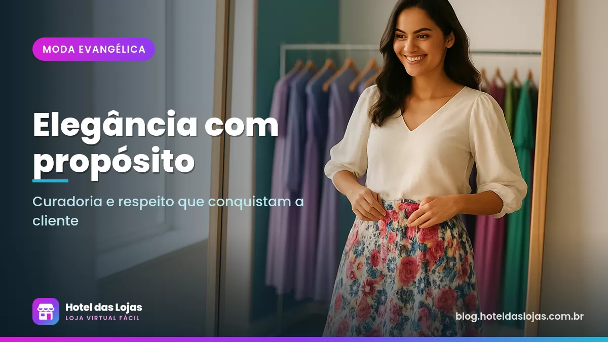 Mulher experimenta saia midi floral e blusa de manga diante do espelho em uma boutique iluminada