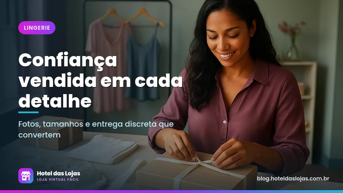 Lojista embala peça de renda em papel de seda e caixa discreta sobre mesa clara de ateliê