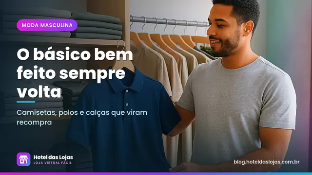 Homem escolhendo camisa polo azul-marinho em loja de moda masculina com camisetas básicas dobradas