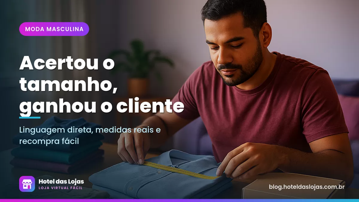 Homem medindo uma camisa dobrada com fita métrica sobre a mesa ao lado de camisas polo e caixa de envio