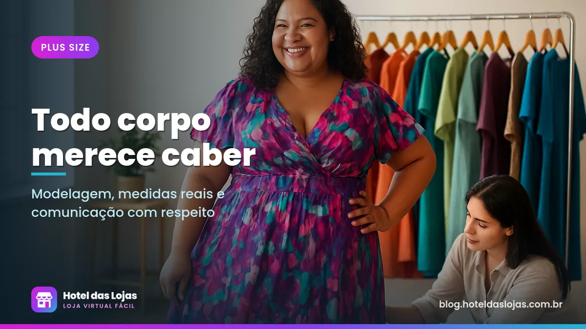 Mulher plus size sorridente provando um vestido estampado em estúdio de moda com arara de roupas coloridas