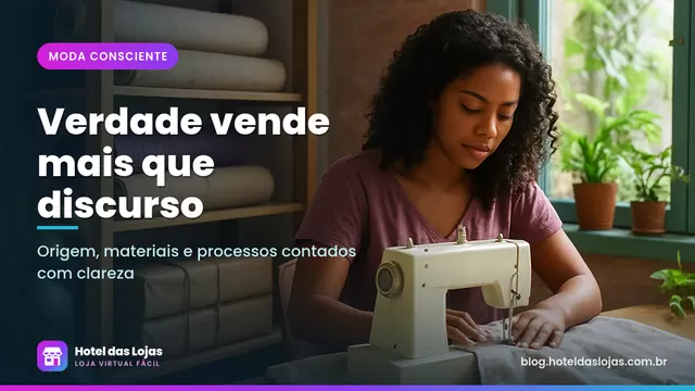 Costureira faz camisa de linho em ateliê com rolos de tecido natural e pacotes de papel kraft