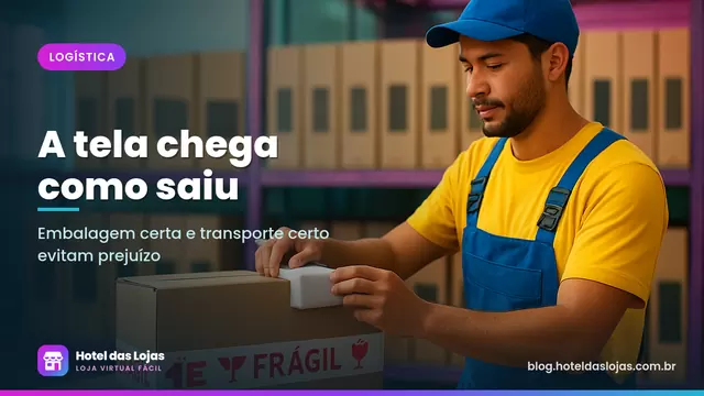 Funcionário embala caixa de TV com cantoneiras de espuma e fita de frágil em um estoque organizado
