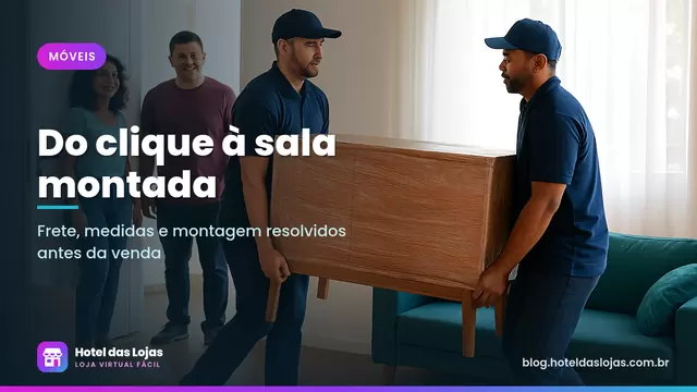 Entregadores levando aparador embalado para apartamento enquanto casal segura a porta