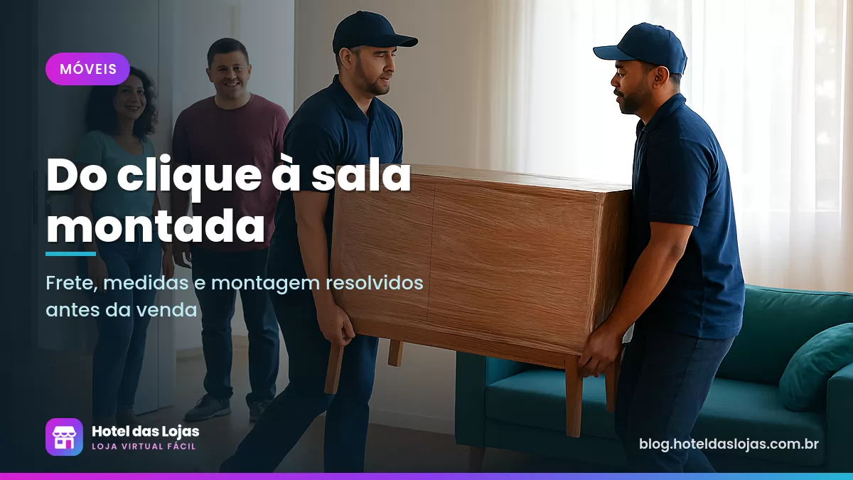 Entregadores levando aparador embalado para apartamento enquanto casal segura a porta