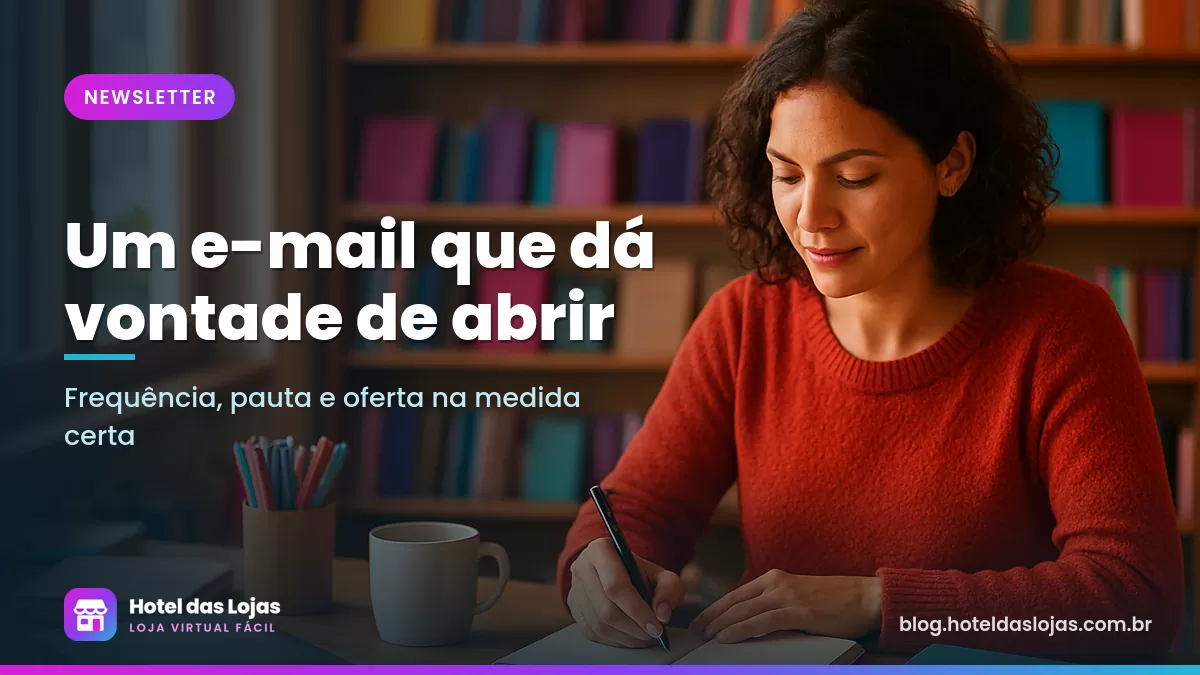 Dona de papelaria escrevendo ideias em um caderno no balcão da loja com planners e canetas ao redor
