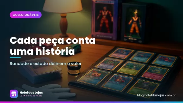 Mesa de colecionador com cards em sleeves, fichário, miniaturas de carros e lupa para conferir detalhes
