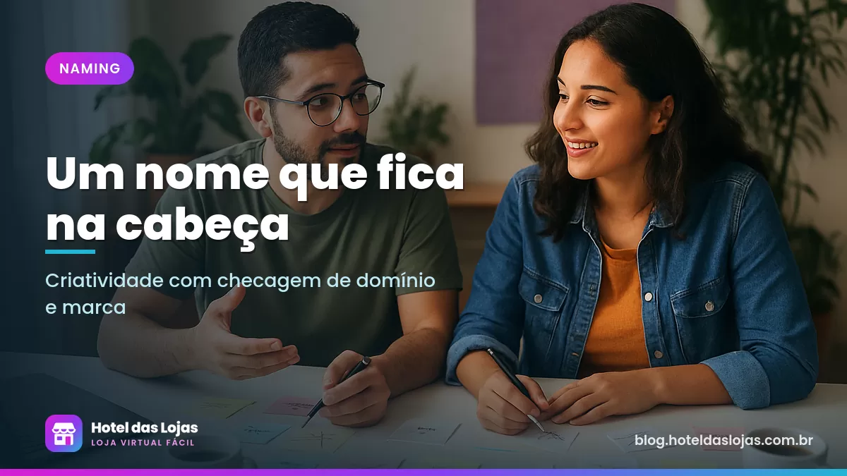 Dois sócios fazem brainstorming com papéis adesivos e cartões riscados para escolher o nome da loja