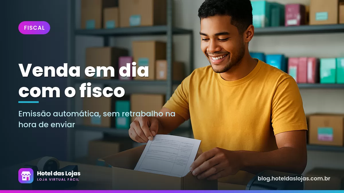 Lojista coloca o documento fiscal impresso dentro da caixa do pedido em um pequeno estoque