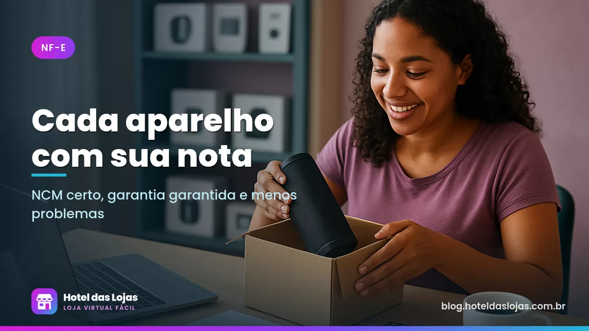 Empreendedor embalando caixa de som ao lado de notebook e de uma nota fiscal impressa dobrada