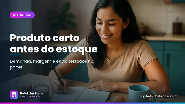 Empreendedora avalia amostras de produtos na mesa com calculadora e caderno de anotações