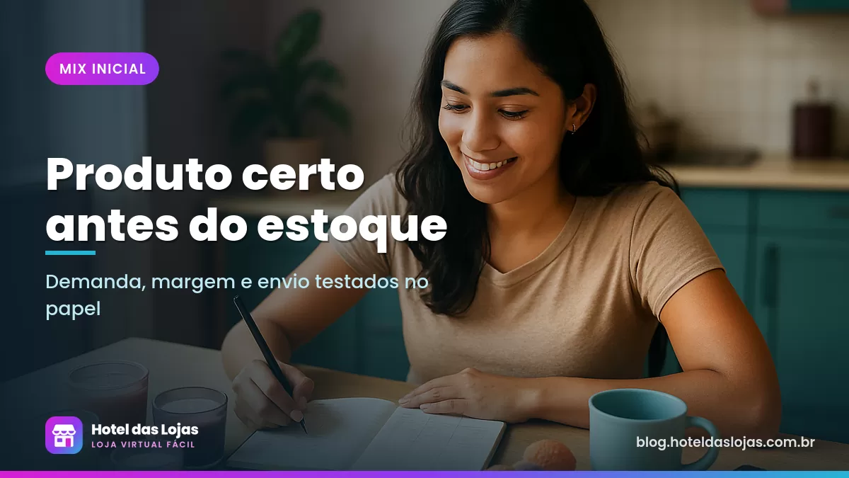 Empreendedora avalia amostras de produtos na mesa com calculadora e caderno de anotações