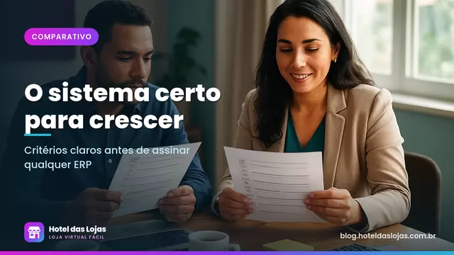 Dois sócios comparam listas de critérios impressas e um notebook em uma mesa de escritório pequena