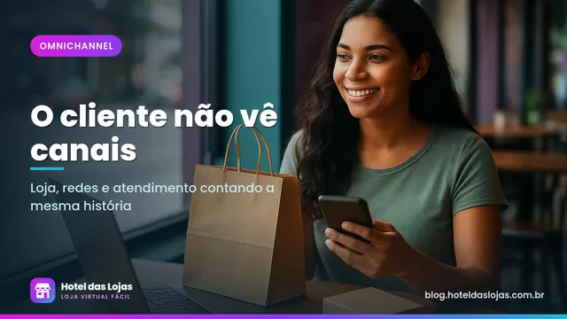 Jovem em um café com celular na mão, sacola de compras e um pacote entregue sobre a mesa