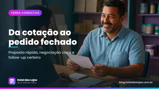 Vendedor revisando proposta impressa com cliente em escritório de loja de materiais com amostras sobre a mesa