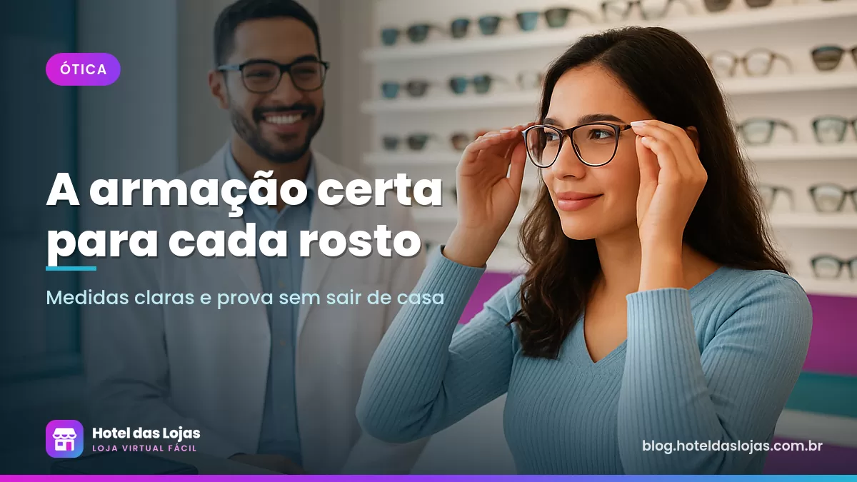 Mulher experimenta armação de óculos diante do espelho em ótica com parede de óculos de sol e armações