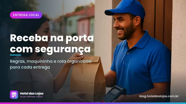 Entregador entrega sacola ao cliente na porta de casa segurando uma maquininha de cartão