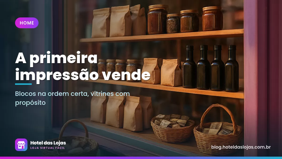 Vitrine de empório organizada em níveis, com cafés, potes e cestas dispostos em ordem clara