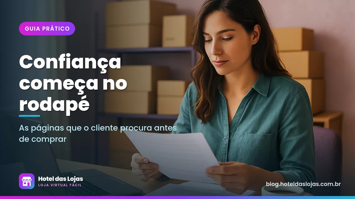 Empreendedora revisando documentos da loja virtual em uma mesa de escritório com notebook e caixas ao fundo