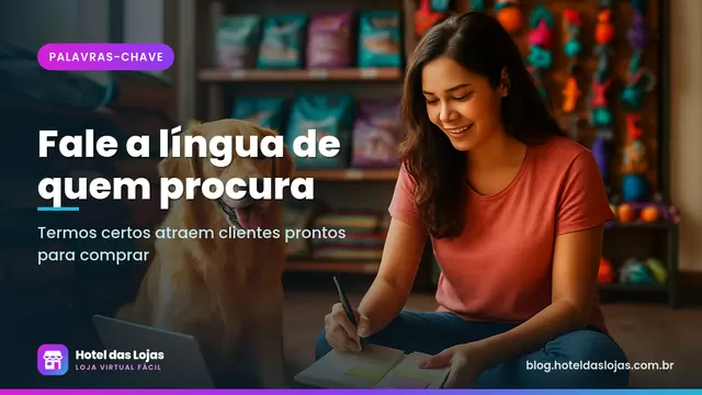 Dona de pet shop anota ideias em caderno ao lado de um cachorro, rações e brinquedos na loja