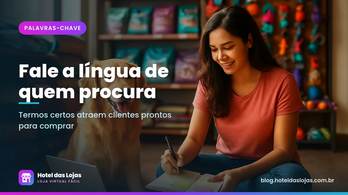 Dona de pet shop anota ideias em caderno ao lado de um cachorro, rações e brinquedos na loja